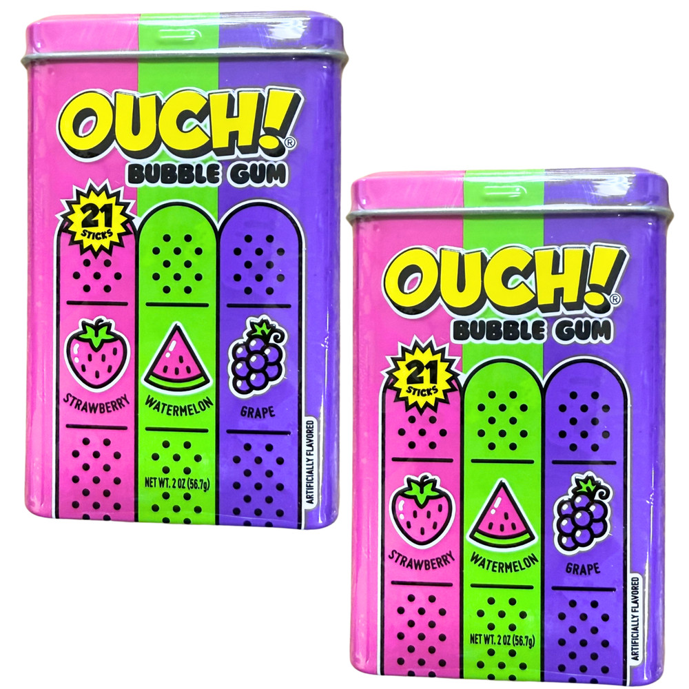 Ouch! Bubble Gun Tin- 2 Count- NEW!!! 42 Sticks- 3 Flavors