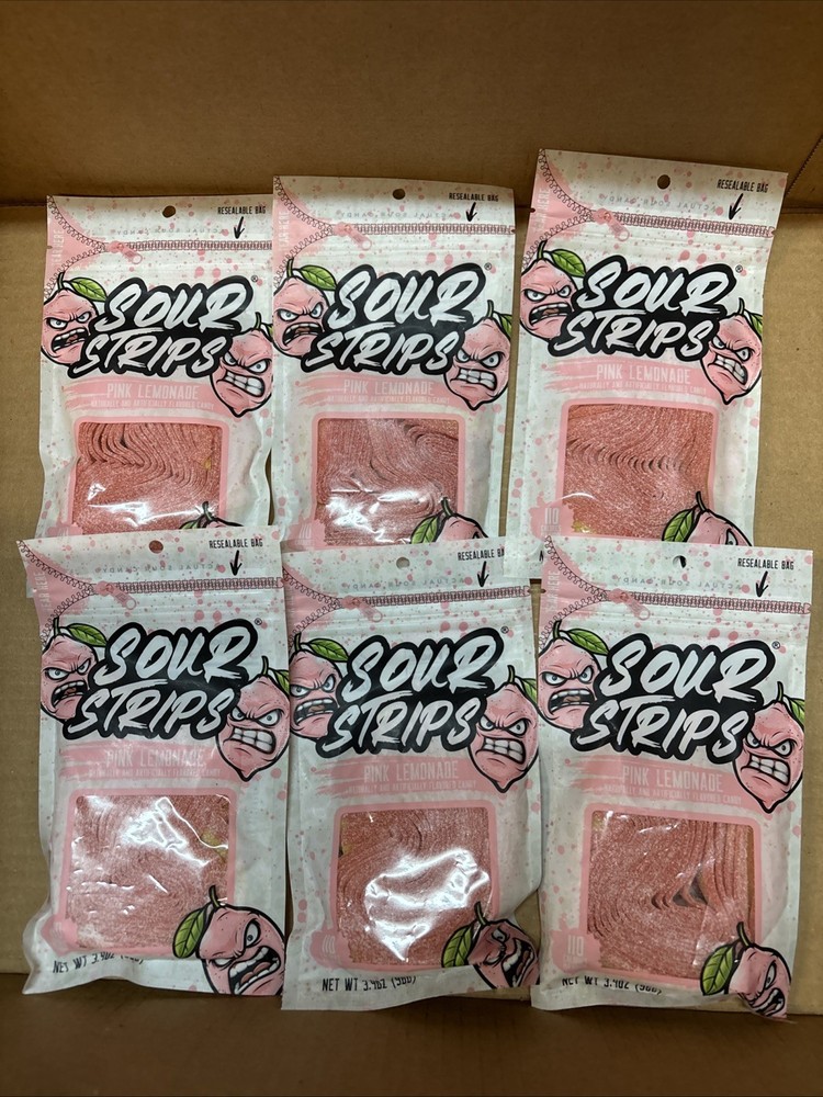 NEW 6x Bags Sour Strips Pink Lemonade Flavored, 3.4oz Per, EXP 05/26