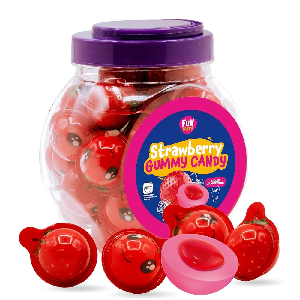 Strawberry Gummy Balls Candy with Jam Center, 19-Ounce Jar (30 Count)
