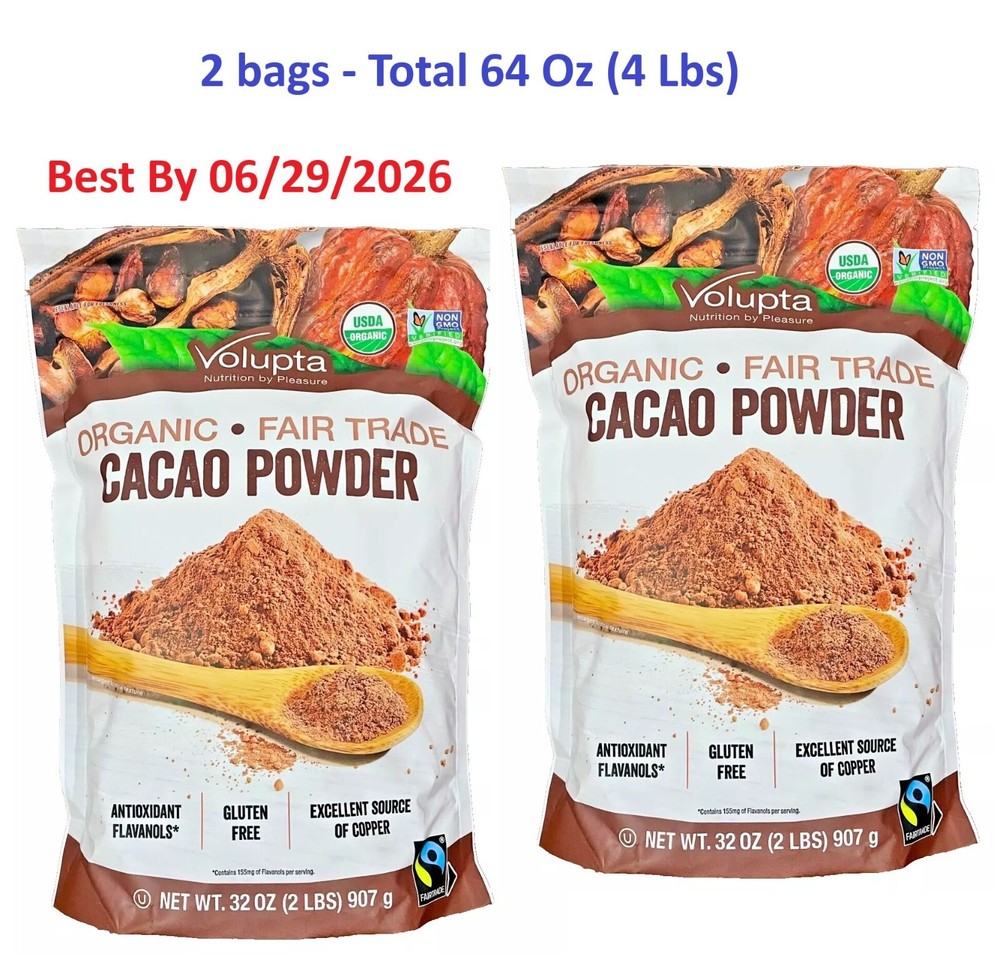 2-PACK Volupta Organic Fair Trade Unsweetened Super Food Cacao Powder 32 Oz each