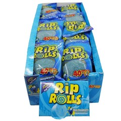 Rip Rolls Sour BLUE RASPBERRY Straps Roll Up Candy Lollies – 24 Packs