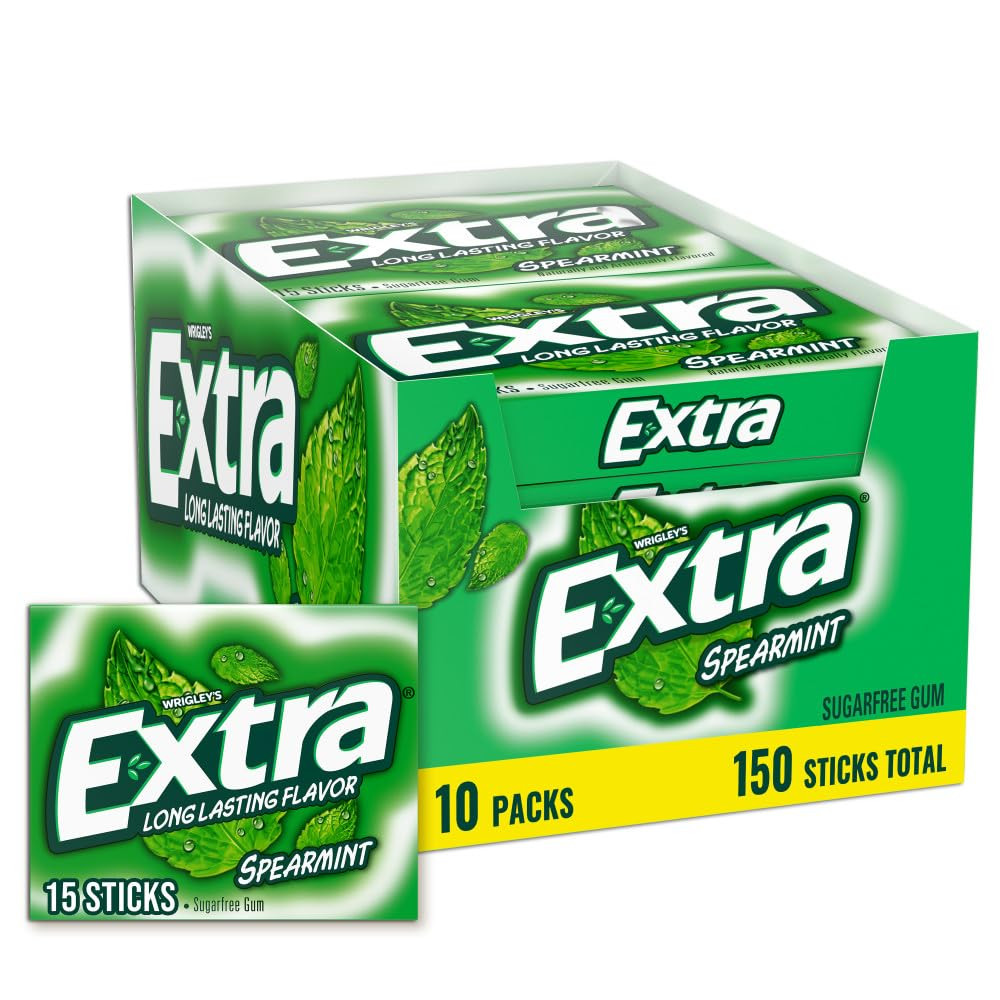 Sugarfree Spearmint Gum Bulk, Individually Wrapped, 15 Count, Pack of 10