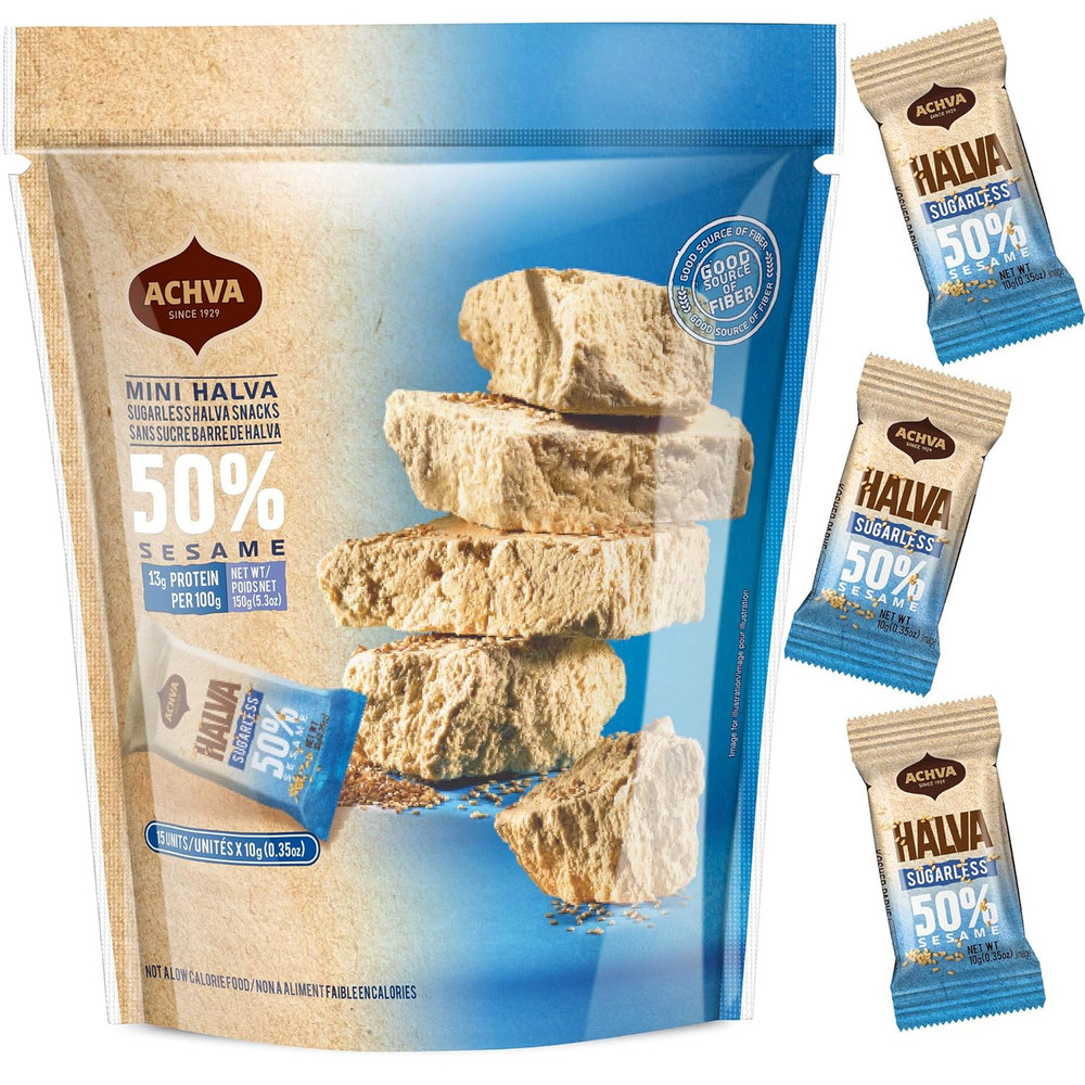 Halva Sugarless Tahini Bar Mini Snacks – Assortment of 15 Snack-Sized Vanilla Fl