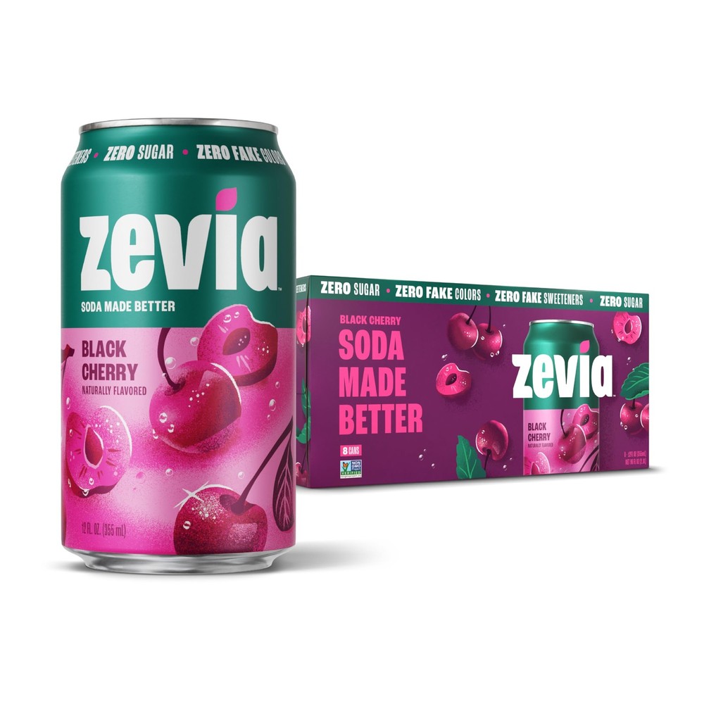 Zevia Zero Sugar Soda, Black Cherry, 12 oz Cans (8-Pack) 12 Fl Oz (Pack of 8)