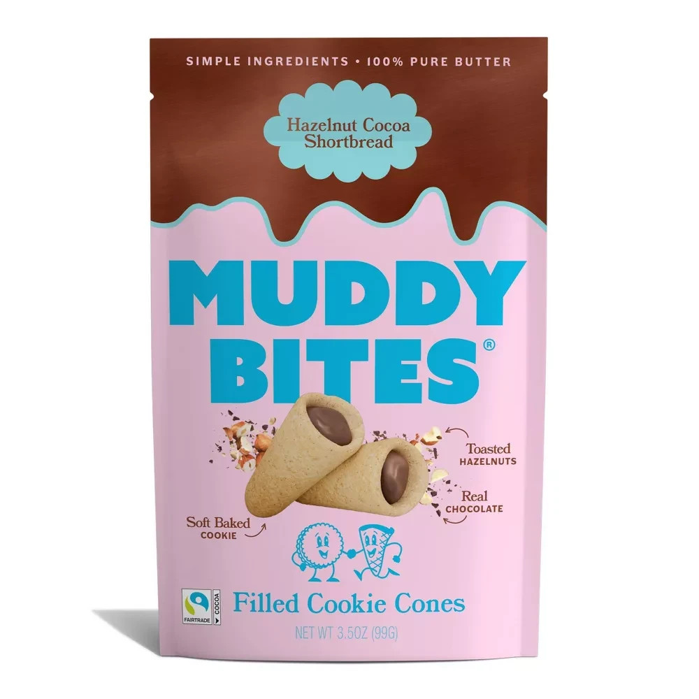 MUDDY BITES Hazelnut Cocoa Shortbread Filled Cookie Cone Snacks NET WT (3.5 OZ)