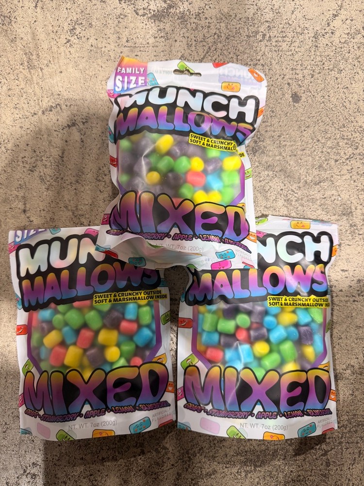 3 Munch Mallows Mixed Family Size Marshmallow Candy Grape Strawberry Apple Lemon