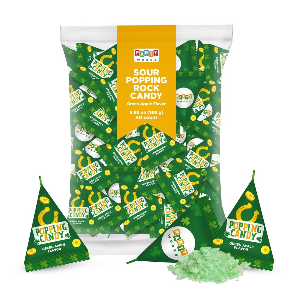 St. Patrick’s Day Sour Popping Rock Candy, Green Apple Flavor, 40-Count Bag