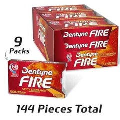 Dentyne Fire Spicy Cinnamon Sugar Free Gum, Pack of 9 (144 Total Pieces)..
