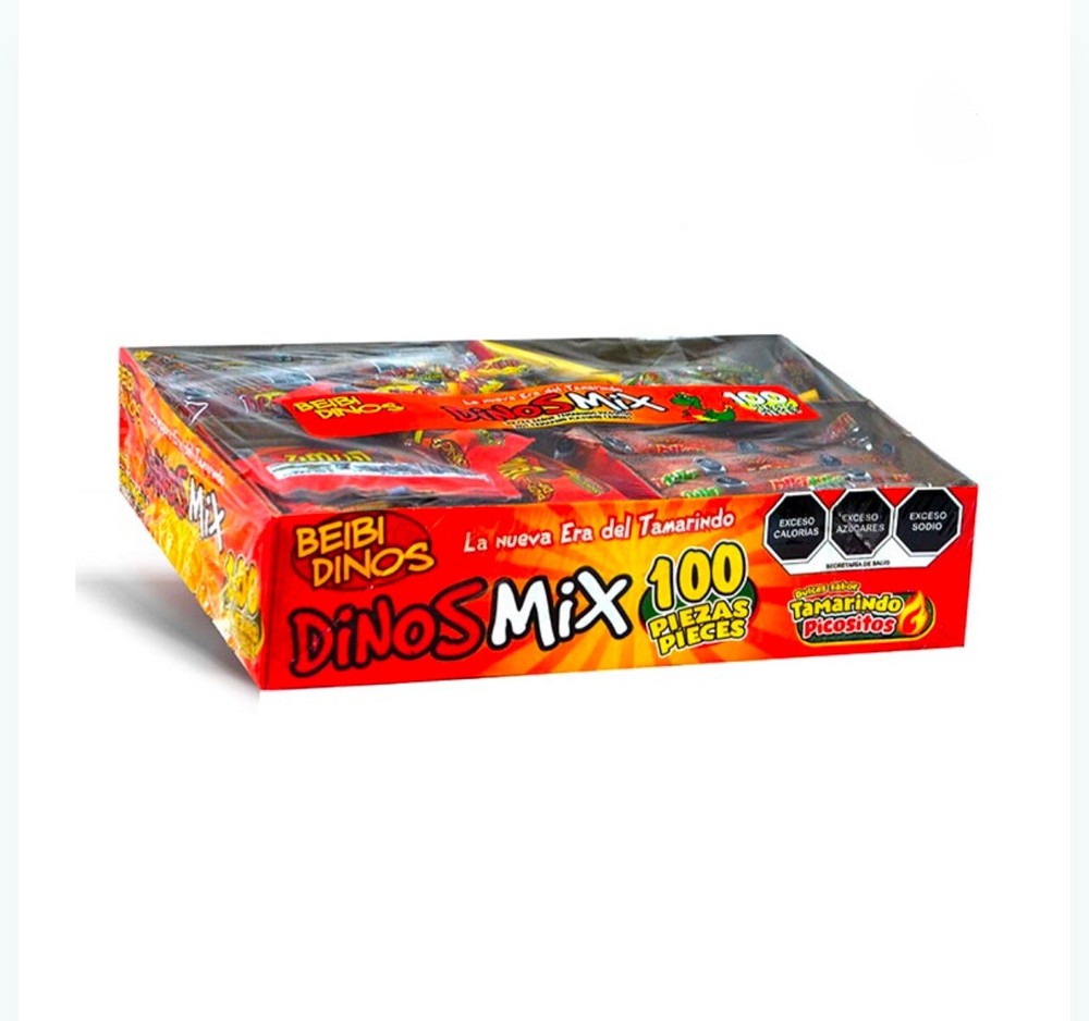 DINOS MIX SURTIDO DE DULCES DE TAMARINDO PICOSITOS – CAJA GRANDE CON 100 PIEZAS