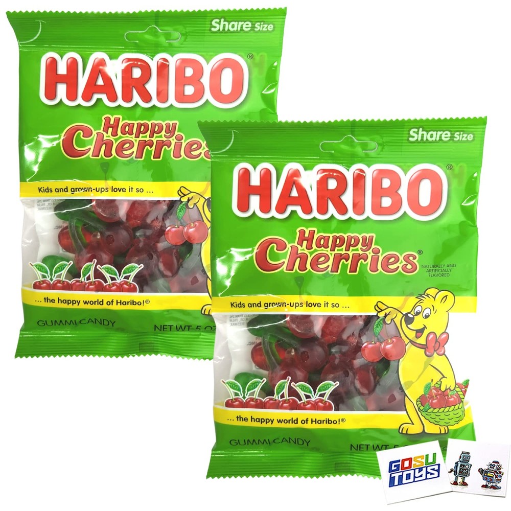 Haribo Happy Cherries Gummi Candy Share Size (2 Pack) and 2 Gosutoys Stickers