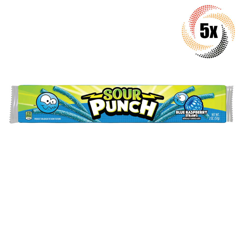 5x Packs Sour Punch Blue Raspberry Flavor Mouthwatering Sour Straws Candy | 2oz