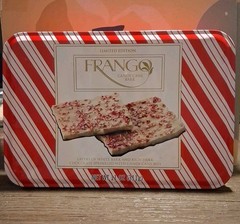 FRANGO Layered White BARK W/Dark Chocolate Peppermint Bark Sealed Tin BB May 26′