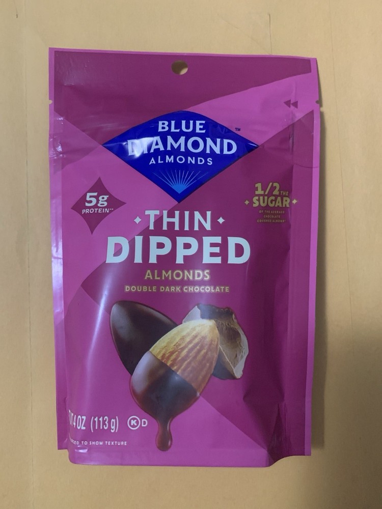 Blue Diamond Almonds Thin Dipped Double Dark Chocolate 1/2 Sugar 4 Oz. BB 1/27