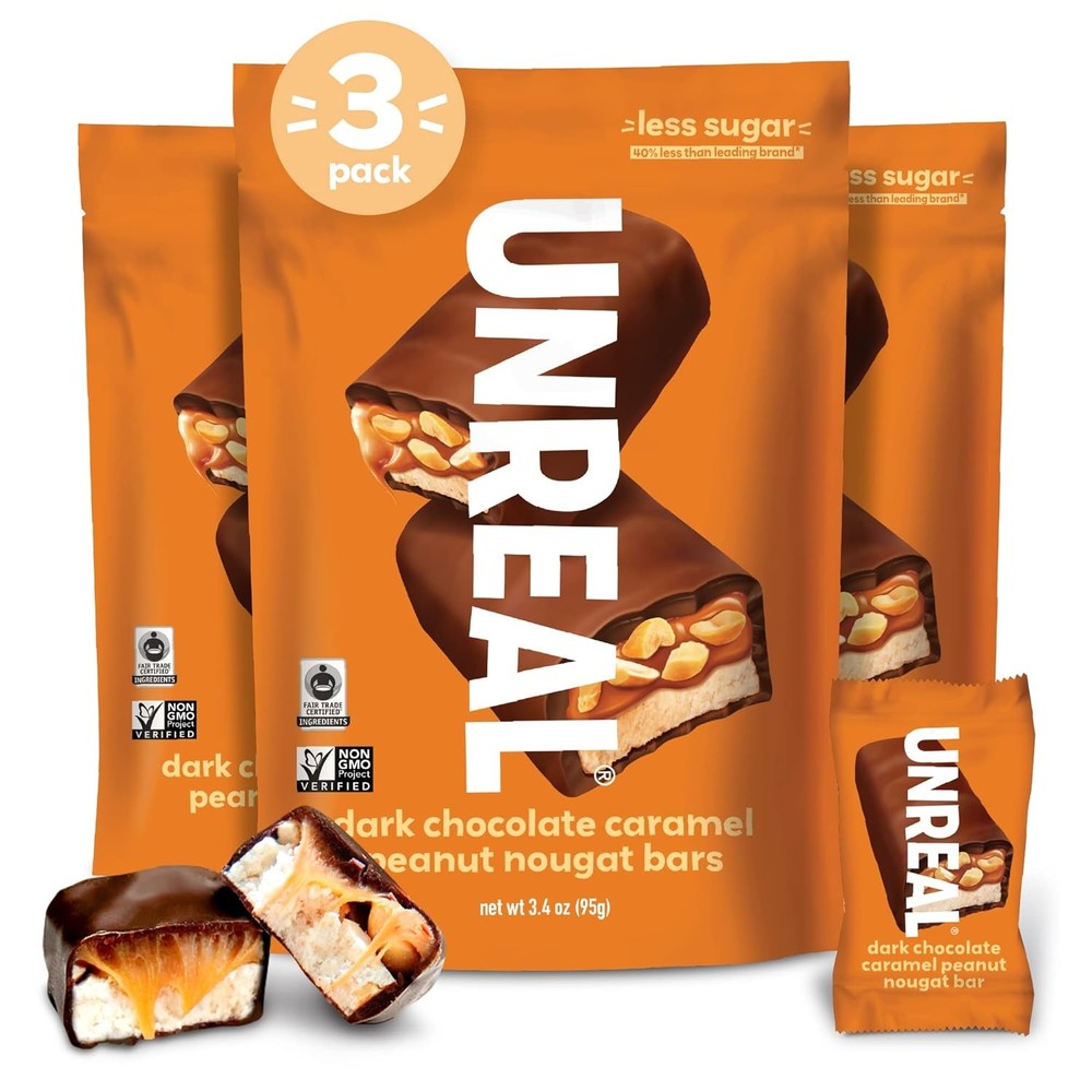 Unreal Dark Chocolate Caramel Peanut Nougat Bar, Non-gmo Candy 3.4oz (3 Pack)