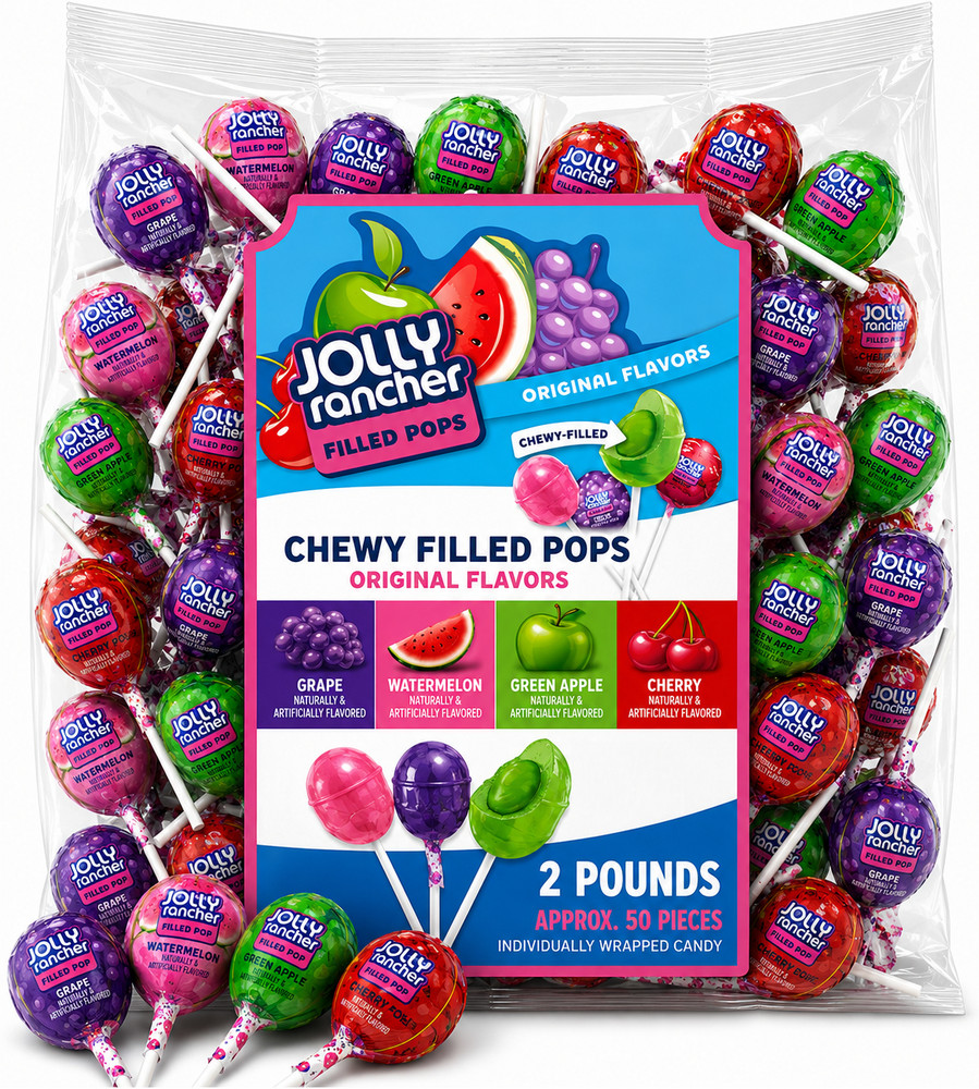 Jolly Rancher Chew-Filled Pops, Original Flavors, Bulk Lollipop Candy (2 Pounds)