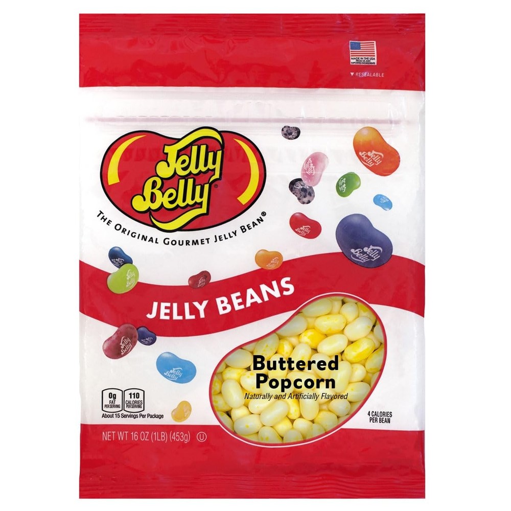 Jelly Belly Buttered Popcorn 1 Pound (Pack of 1), Yellow with White Speckles