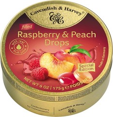 Cavendish & Harvey | Raspberry & Peach Filled Hard Candy Drops | 6 Ounce Tin