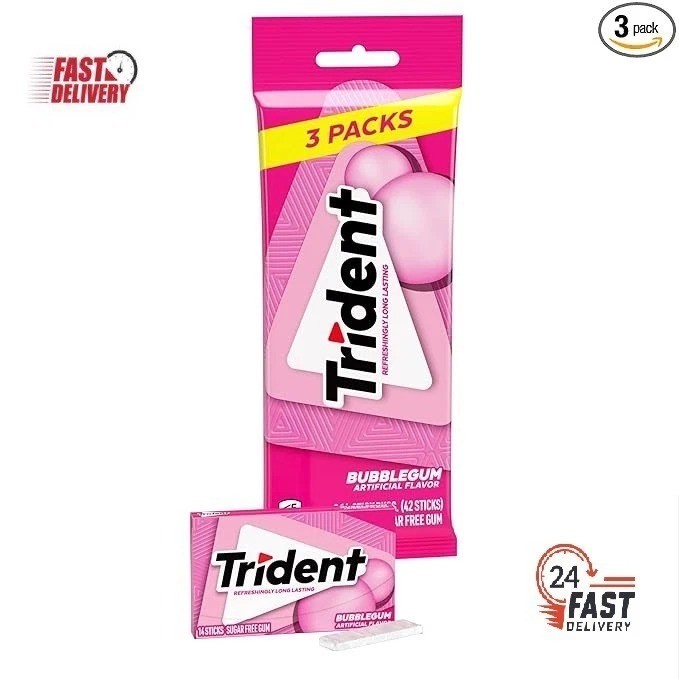 Trident Sugar Free Gum, Bubblegum Flavor, 3 Packs (42 Pieces Total)