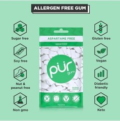PUR Xylitol Chewing Gum SPEARMINT (55 Pieces, 6 Pack) Sugarless Vegan Pure