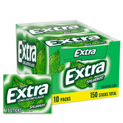 Sugarfree Spearmint Gum Bulk, Individually Wrapped, 15 Count, Pack of 10