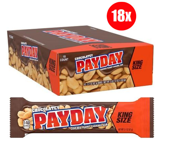 PAYDAY Chocolatey Peanut Caramel King Size, Candy Bar, 3.1 oz (Pack of 18)