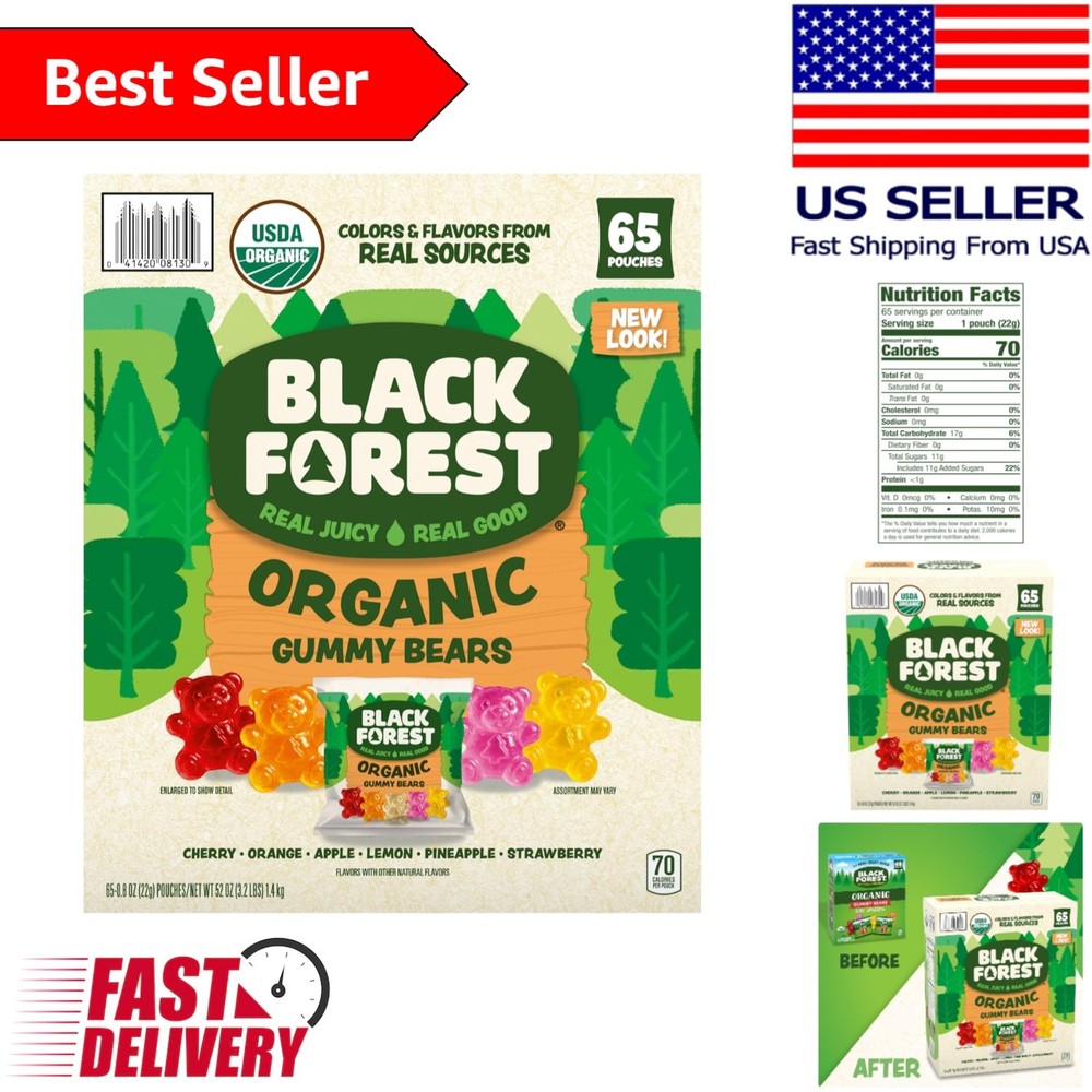 Delicious Organic Gummy Bears – 65 Pouches, 6 Fruity Flavors to Enjoy