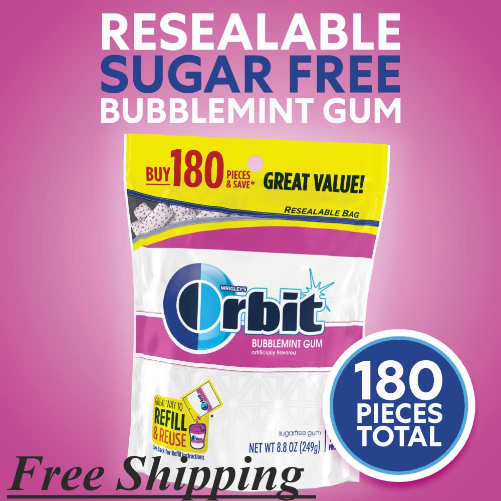 ORBIT Bubblemint Sugarfree Gum, 8.8-Ounce Resealable Bag, 180 Pieces