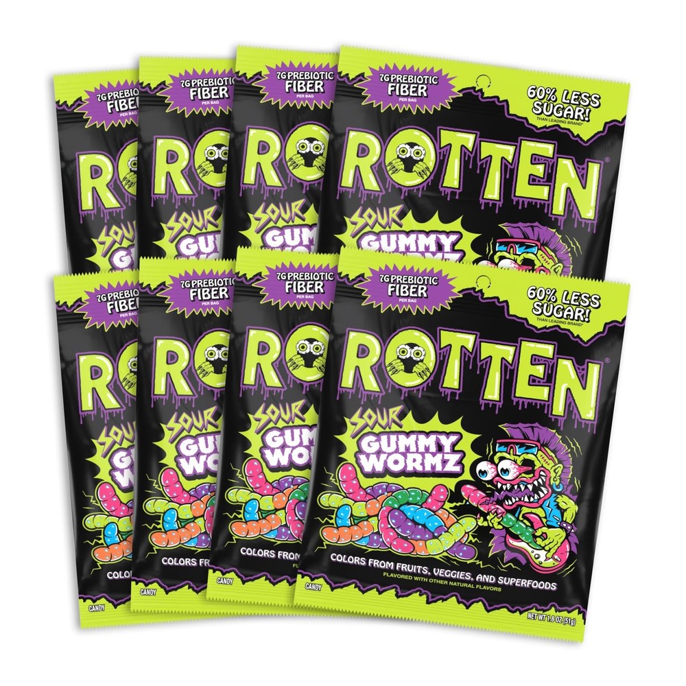Rotten Sour Gummy Worms Low Sugar Prebiotic Candy 7g Fiber 3g Protein 8 Packs