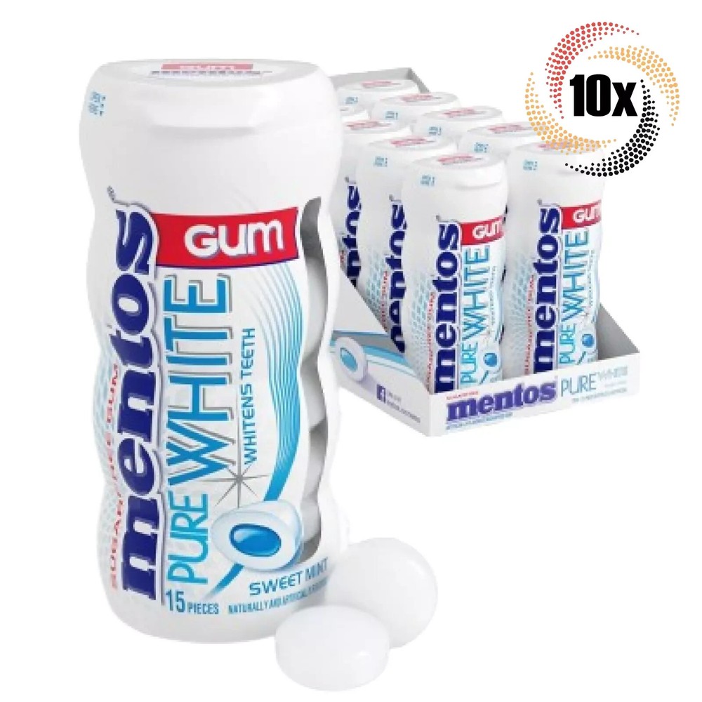 Full Box 10x Bottles Mentos Pure Fresh Sweet Mint Gum, 15 Pieces Each – 1.06oz
