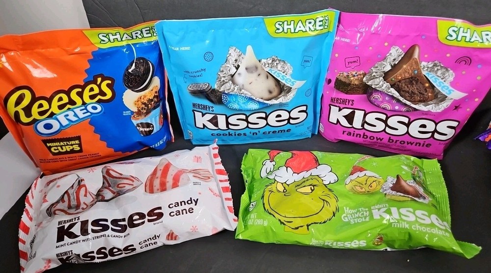 5 Bags! Hershey Kisses Cookies N Cream,Rainbow Brownie,Candy Cane & Reese’s OREO