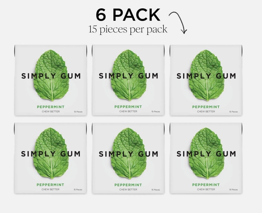 Simply Gum Peppermint 6 Pack Natural Chicle Vegan Plastic Free 90 Pieces USA