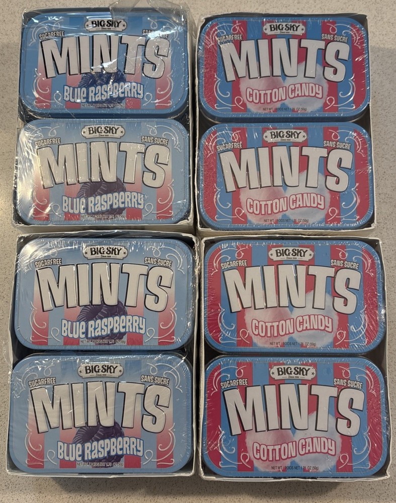 Lot Of 16 Big Sky Cotton Candy & Blue Raspberry Sugar Free Mints 8 Tins Of Each