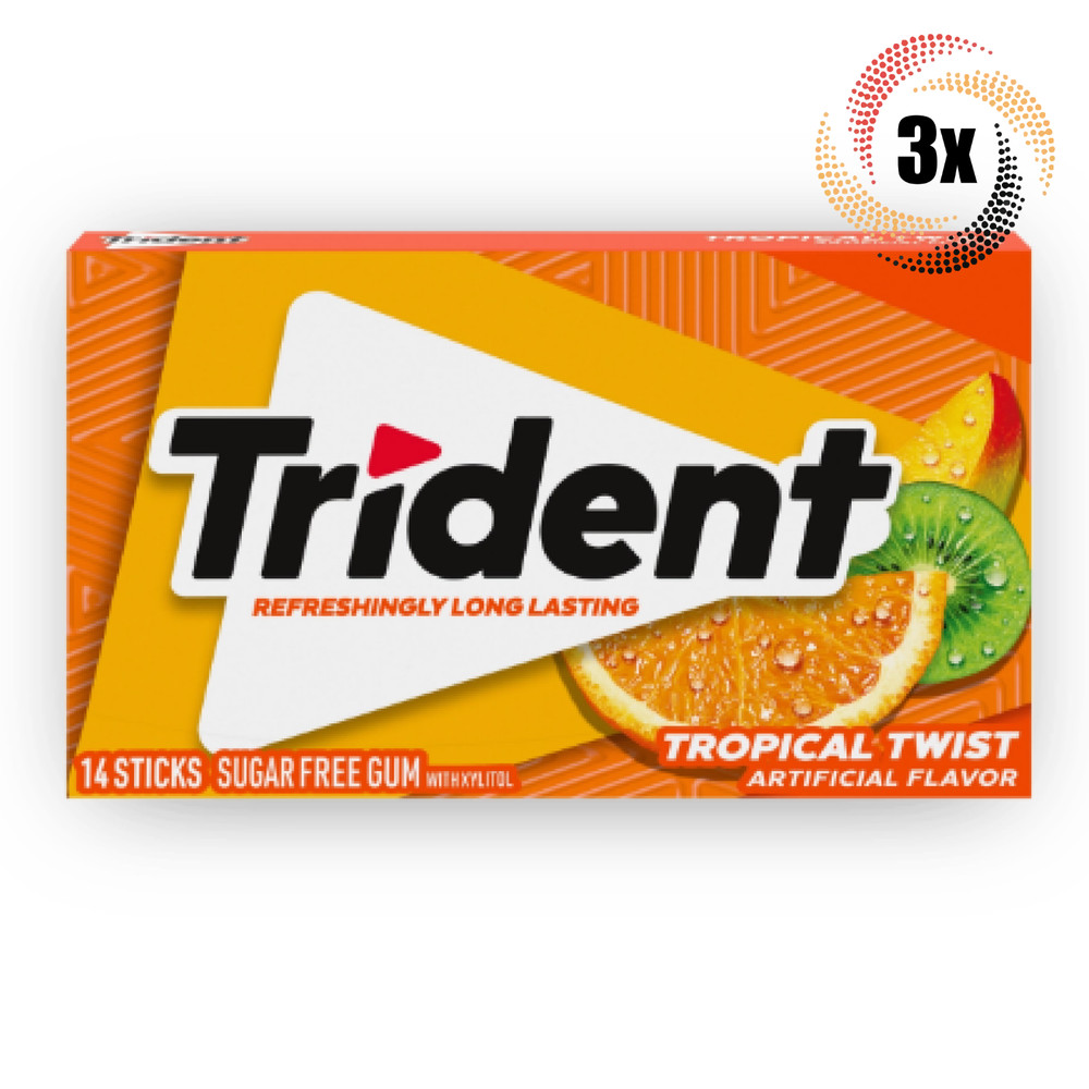 3x Packs Trident Tropical Twist Sugar Free Chewing Gum | 14 Sticks Per Pack