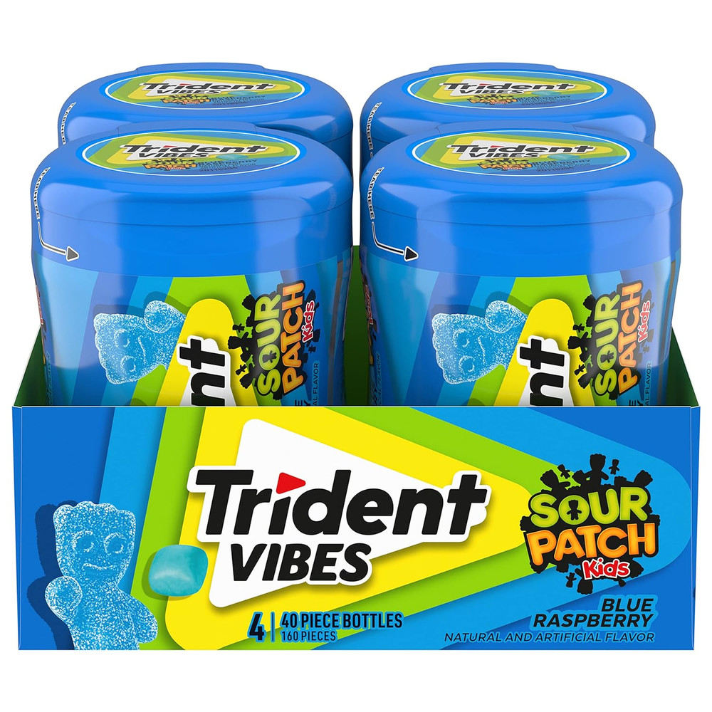 Vibes SOUR PATCH KIDS Blue Raspberry Sugar-Free Chewing Gum, 4 Bottles of 40 Pie