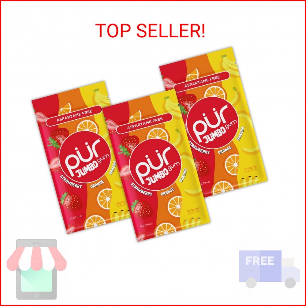 PUR Jumbo Gum | Aspartame Free Chewing Gum | 100% Xylitol | Natural Strawberry,