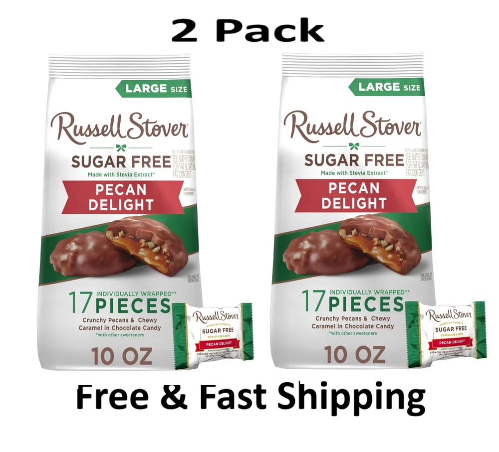 Russell Stover Sugar free Milk chocolate Pecan Delight Stand Up Bag 10 OZ 2Pack