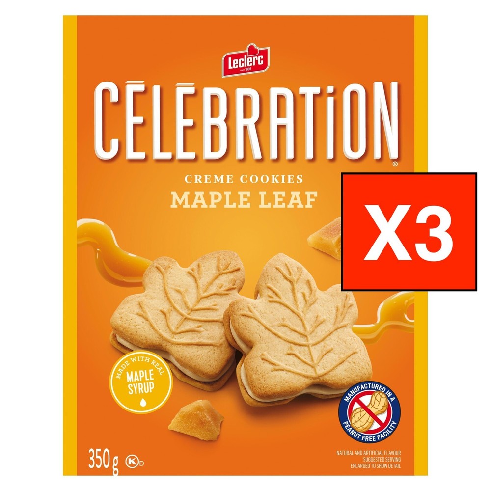 3x Boxes Leclerc Celebration Maple Leaf Creme Cookies 350g Each – Canada – FRESH
