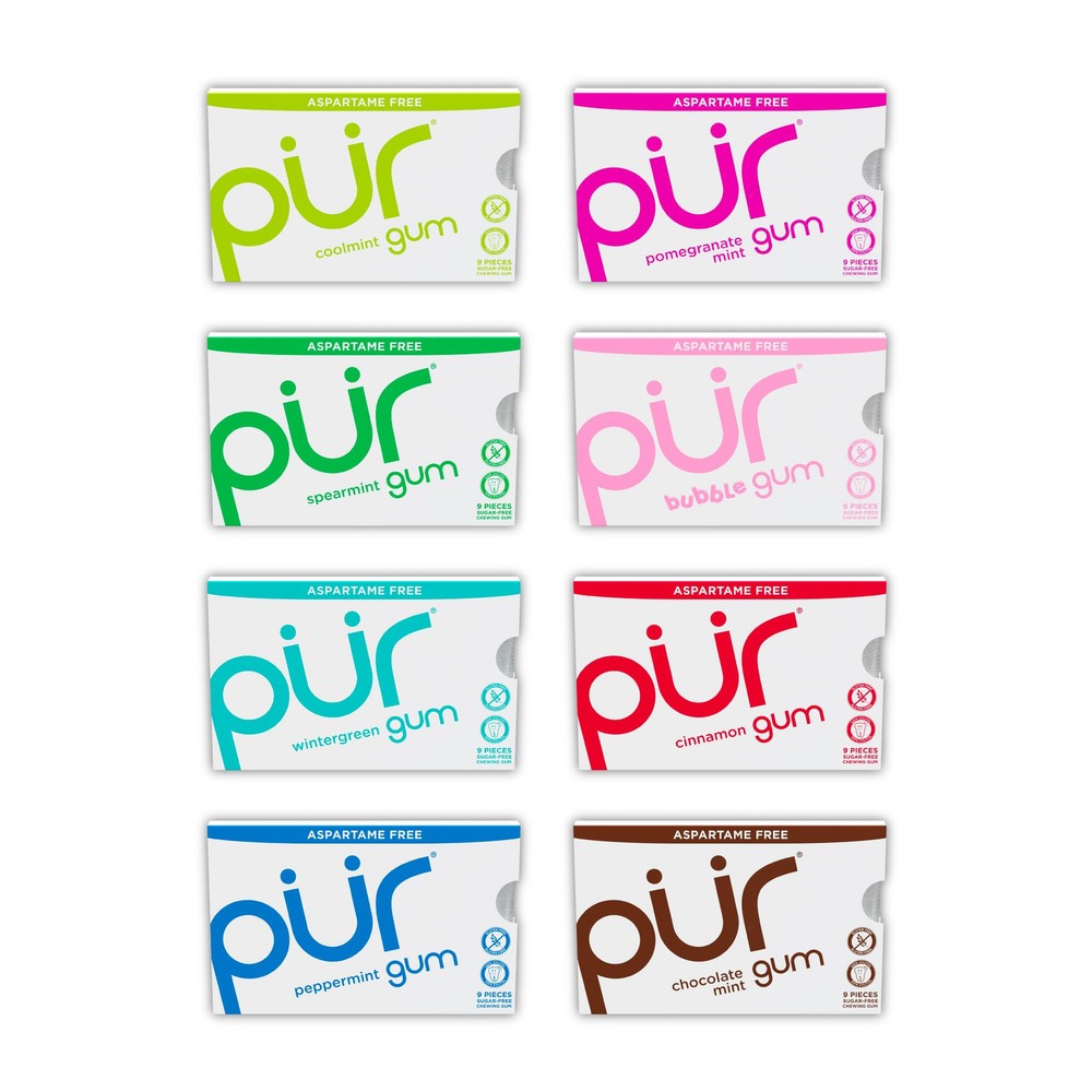 PUR Sugar Free Chewing Gum Variety Pack 8 Flavors Xylitol 9 Count Resealable