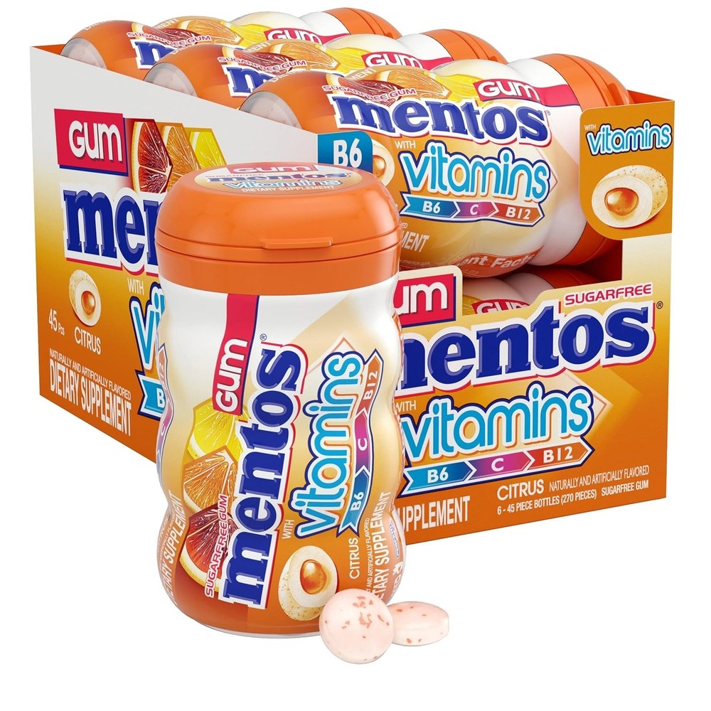 Mentos Gum Sugar Free Chewing Gum with Xylitol, Citrus Flavor, 6 Bottle