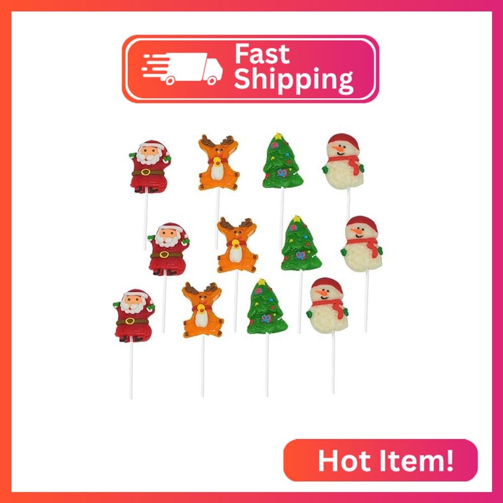 4E’s Novelty 12 Pack Christmas Lollipops Santa, Snowman, Reindeer, Tree, Christm