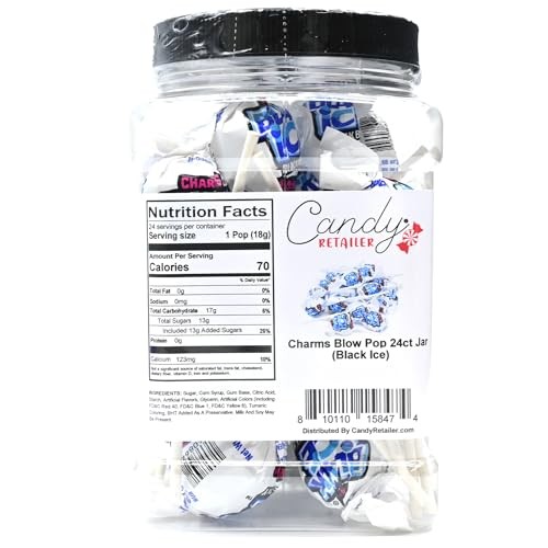 Charms Blow Pop – Individually Wrapped 24 Count – Reusable 44oz Jar (Black Ice)