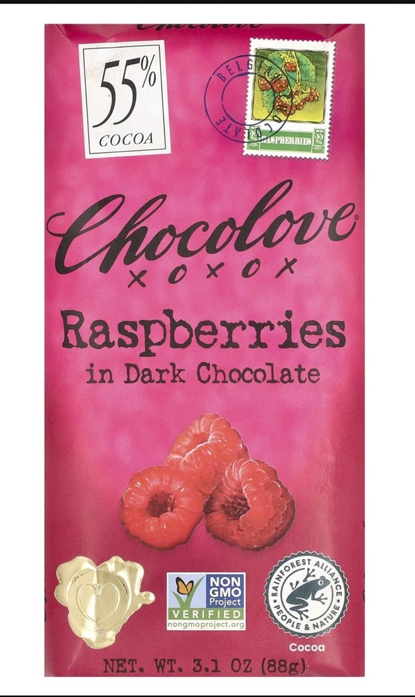 Raspberries in Dark Chocolate, 55% Cocoa, 3.1 oz