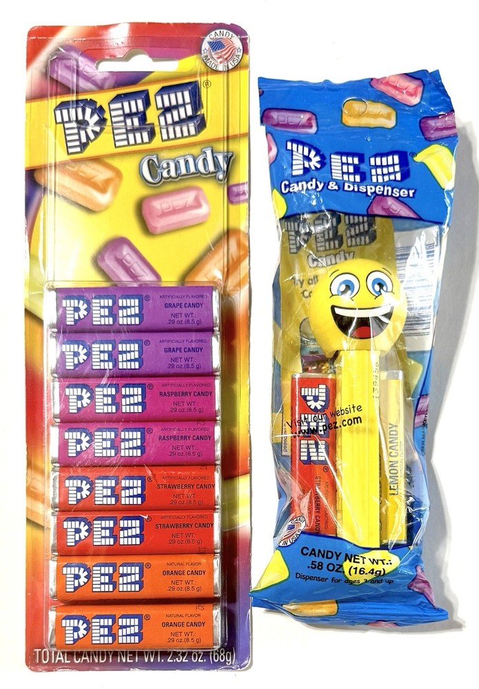 2 Lot – 1 Emoji Happy Smile Face PEZ Dispenser & 1 Pez Candy Refill 8 Pack 🎁