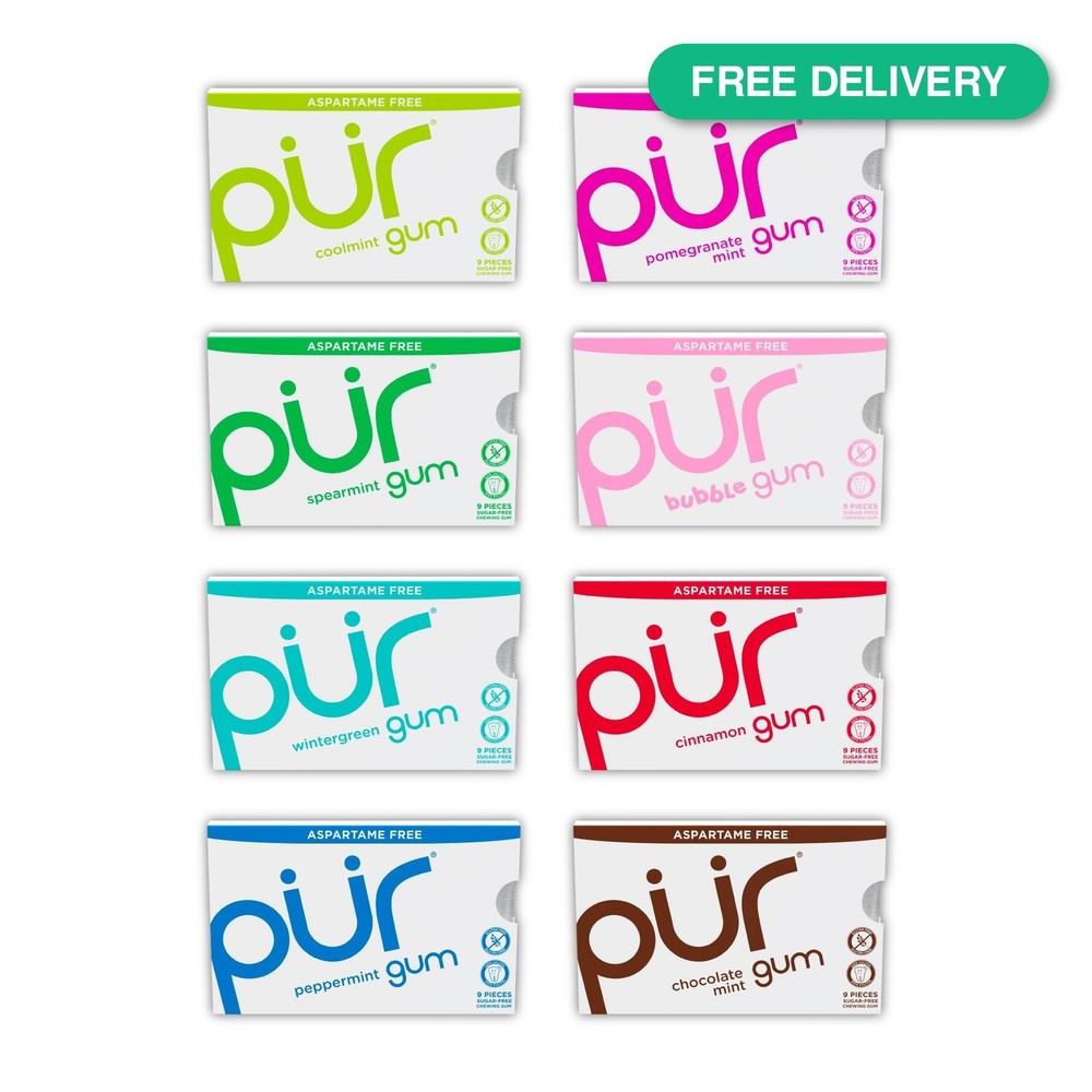 PUR Gum Aspartame Free 100% Xylitol Variety Pack 9pc 8pk Sugar Free Chewing Gum