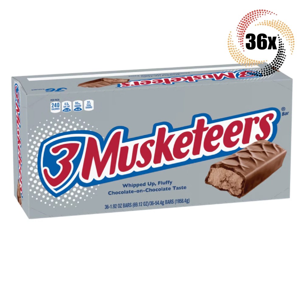 Full Box 36x Bars 3 Musketeers Standard Size Milk Chocolate Candy 1.92oz BB 3/26