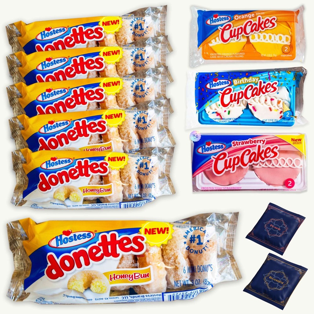 HOSTESS HONEY BUN DONETTES (36 DONUTS) – ASSORTED CUPCAKES (6) – Tea Bags (2)
