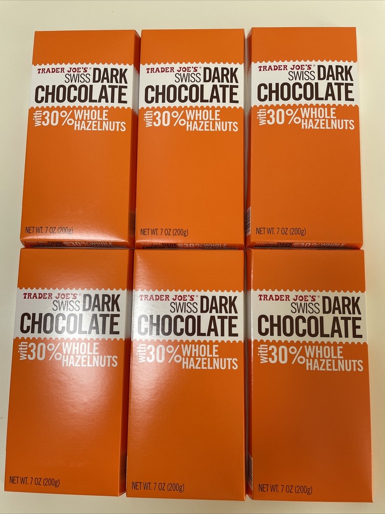 6 PACK TRADER JOE’S SWISS DARK CHOCOLATE WITH 30% WHOLE HAZELNUTS 7 OZ Each Bar