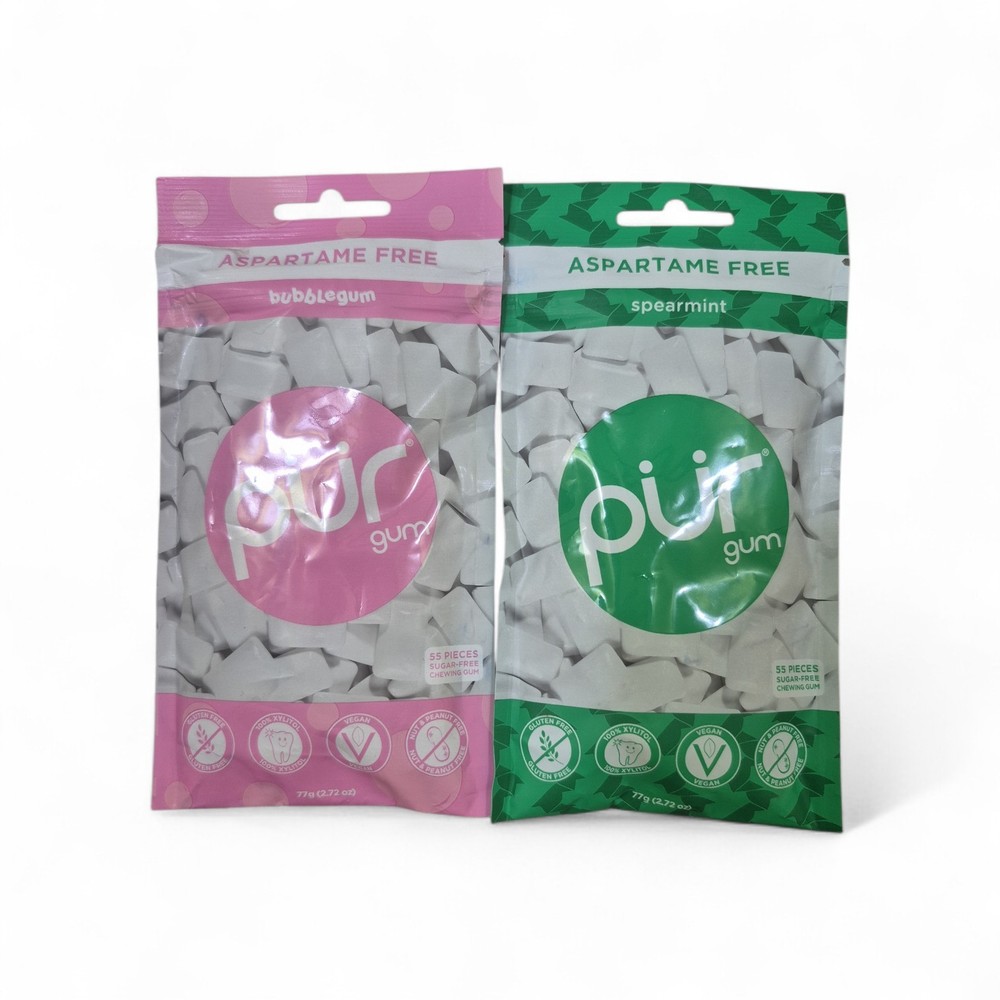 2 PUR Xylitol Chewing Gum (1) Bubblegum And (1) Spearmint Sugarless Vegan Pure