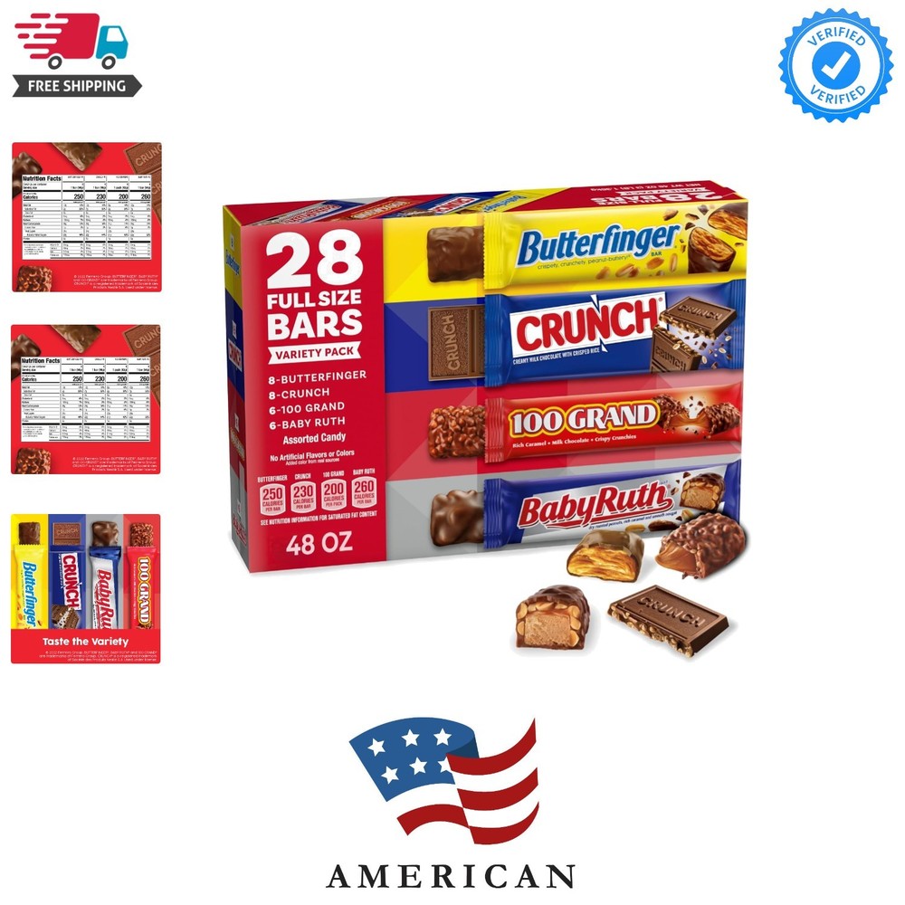 CRUNCH, Baby Ruth and 100 Grand, Bulk 28 Pack, Assorted Full Size Chocolate C…