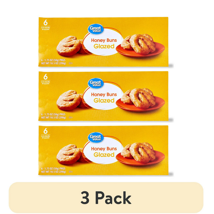 (3 pack) Great Value Glazed Honey Buns, 10.5 oz, 6 Count